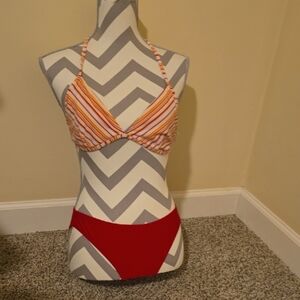 Tommy Hilfiger Striped Halter Bikini Top and Red Bottom Size Medium